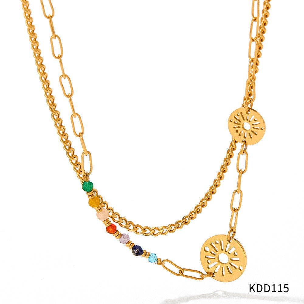 Venta al por mayor Collar chapado en oro de acero inoxidable con girasol y círculo pequeño de margaritas